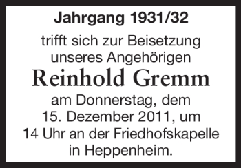 Traueranzeige von Reinhold Gremm von Starkenburger Echo