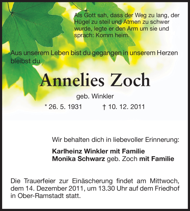  Traueranzeige für Annelies Zoch vom 12.12.2011 aus Darmstädter Echo, Odenwälder Echo, Rüsselsheimer Echo, Groß-Gerauer-Echo, Ried Echo
