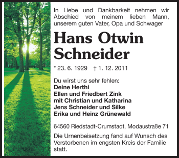 Traueranzeige von Hans Otwin Schneider von Rüsselsheimer Echo, Groß-Gerauer-Echo, Ried Echo