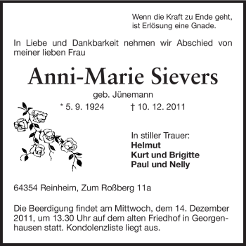 Traueranzeige von Anni-Marie Sievers von Echo-Zeitungen (Gesamtausgabe)