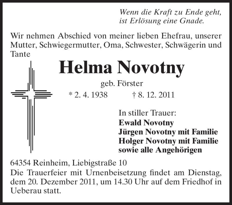  Traueranzeige für Helma Novotny vom 15.12.2011 aus Darmstädter Echo, Odenwälder Echo, Rüsselsheimer Echo, Groß-Gerauer-Echo, Ried Echo