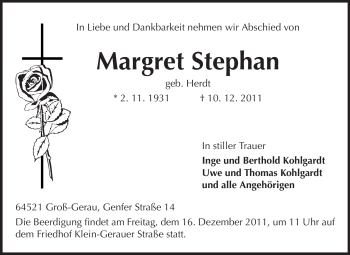 Traueranzeige von Margret Stephan von Rüsselsheimer Echo, Groß-Gerauer-Echo, Ried Echo