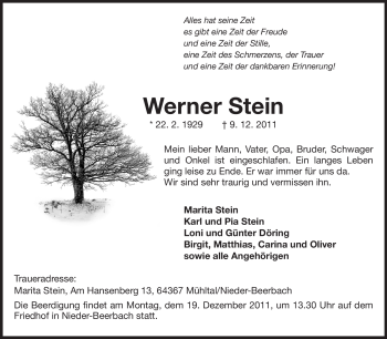 Traueranzeige von Werner Stein von Darmstädter Echo, Odenwälder Echo, Rüsselsheimer Echo, Groß-Gerauer-Echo, Ried Echo