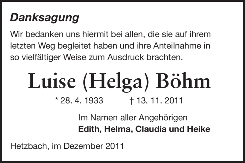 Traueranzeige für Luise Helga Böhm vom 17.12.2011 aus Odenwälder Echo