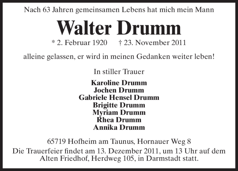  Traueranzeige für Walter Drumm vom 13.12.2011 aus Echo-Zeitungen (Gesamtausgabe)