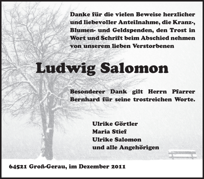  Traueranzeige für Ludwig Salomon vom 17.12.2011 aus Rüsselsheimer Echo, Groß-Gerauer-Echo, Ried Echo