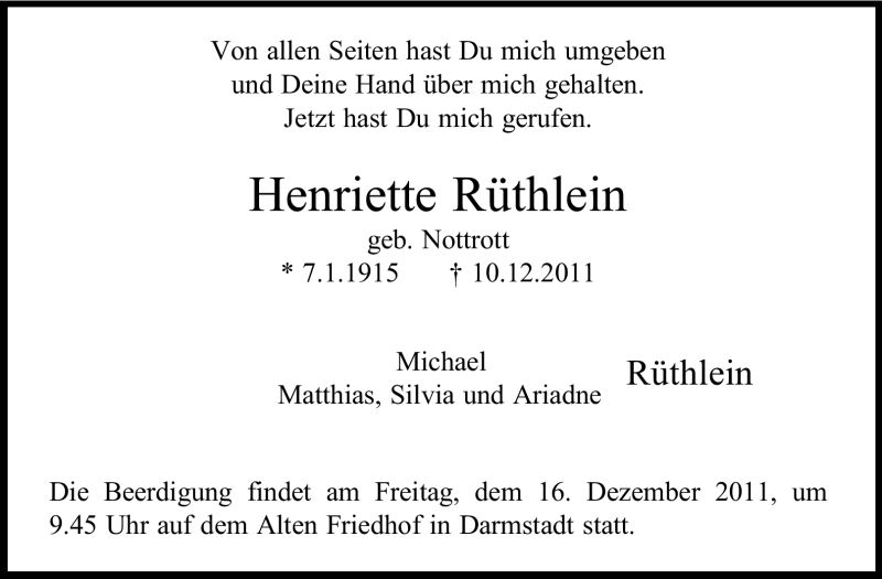  Traueranzeige für Henriette Rüthlein vom 13.12.2011 aus Echo-Zeitungen (Gesamtausgabe)