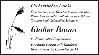 Traueranzeige von Walter Baum von Rüsselsheimer Echo, Groß-Gerauer-Echo, Ried Echo