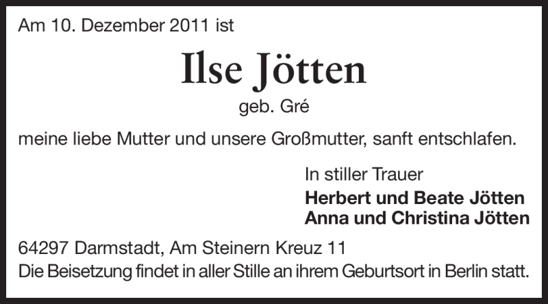  Traueranzeige für Ilse Jötten vom 14.12.2011 aus Darmstädter Echo, Odenwälder Echo, Rüsselsheimer Echo, Groß-Gerauer-Echo, Ried Echo
