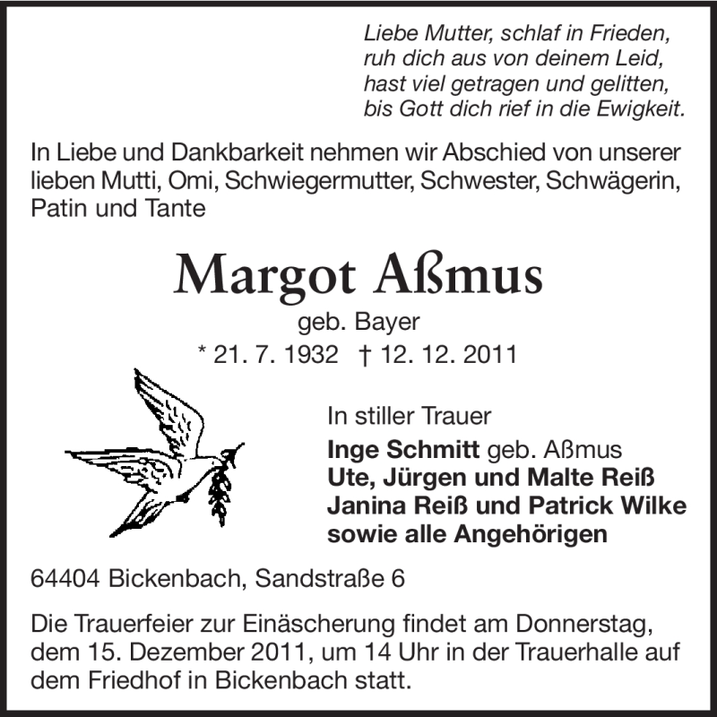  Traueranzeige für Margot Aßmus vom 13.12.2011 aus Echo-Zeitungen (Gesamtausgabe)