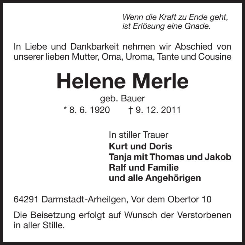  Traueranzeige für Helene Merle vom 14.12.2011 aus Darmstädter Echo, Odenwälder Echo, Rüsselsheimer Echo, Groß-Gerauer-Echo, Ried Echo