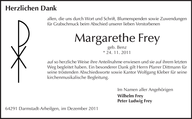  Traueranzeige für Margarethe Frey vom 17.12.2011 aus Darmstädter Echo, Odenwälder Echo, Rüsselsheimer Echo, Groß-Gerauer-Echo, Ried Echo