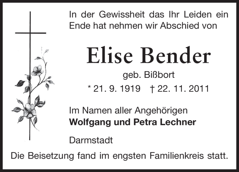  Traueranzeige für Elise Bender vom 21.12.2011 aus Echo-Zeitungen (Gesamtausgabe)