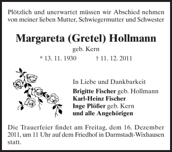 Traueranzeige von Margareta Hollmann von Darmstädter Echo, Odenwälder Echo, Rüsselsheimer Echo, Groß-Gerauer-Echo, Ried Echo