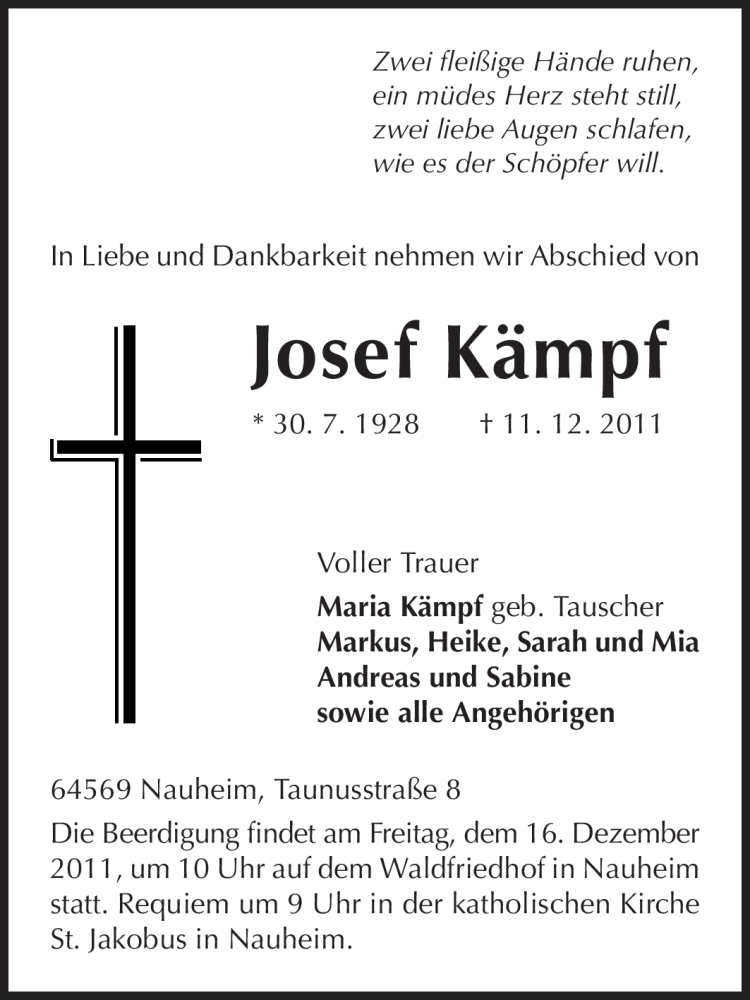  Traueranzeige für Josef Kämpf vom 14.12.2011 aus Rüsselsheimer Echo, Groß-Gerauer-Echo, Ried Echo