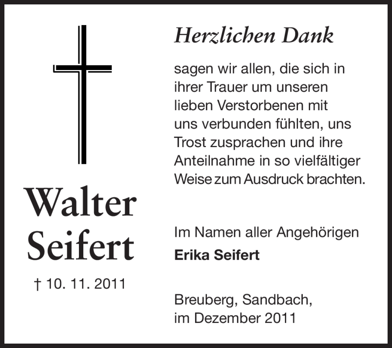  Traueranzeige für Walter Seifert vom 17.12.2011 aus Odenwälder Echo