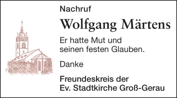 Traueranzeige von Wolfgang Märtens von Rüsselsheimer Echo, Groß-Gerauer-Echo, Ried Echo