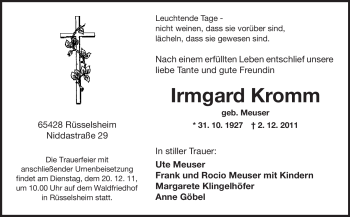 Traueranzeige von Irmgard Kromm von Rüsselsheimer Echo, Groß-Gerauer-Echo, Ried Echo