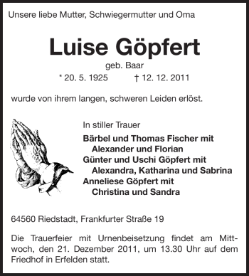 Traueranzeige von Luise Göpfert von Rüsselsheimer Echo, Groß-Gerauer-Echo, Ried Echo