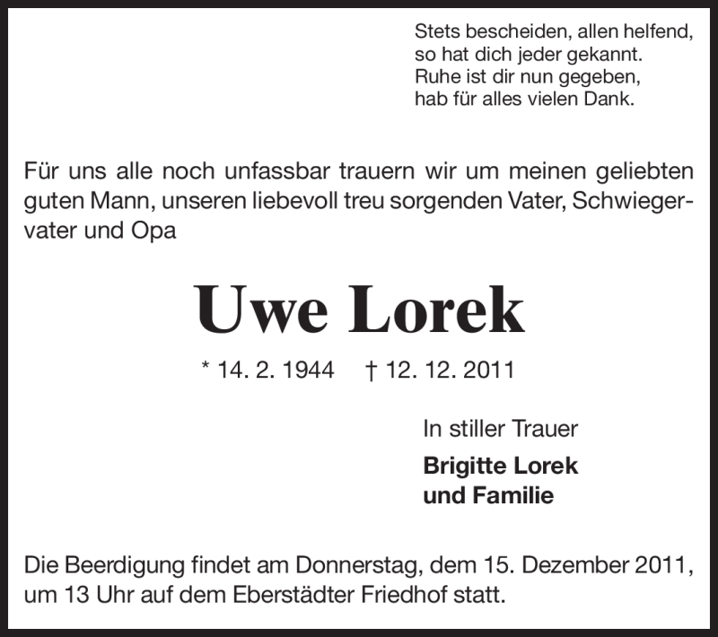  Traueranzeige für Uwe Lorek vom 14.12.2011 aus Echo-Zeitungen (Gesamtausgabe)