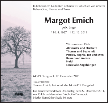 Traueranzeige von Margot Emich von Darmstädter Echo, Odenwälder Echo, Rüsselsheimer Echo, Groß-Gerauer-Echo, Ried Echo
