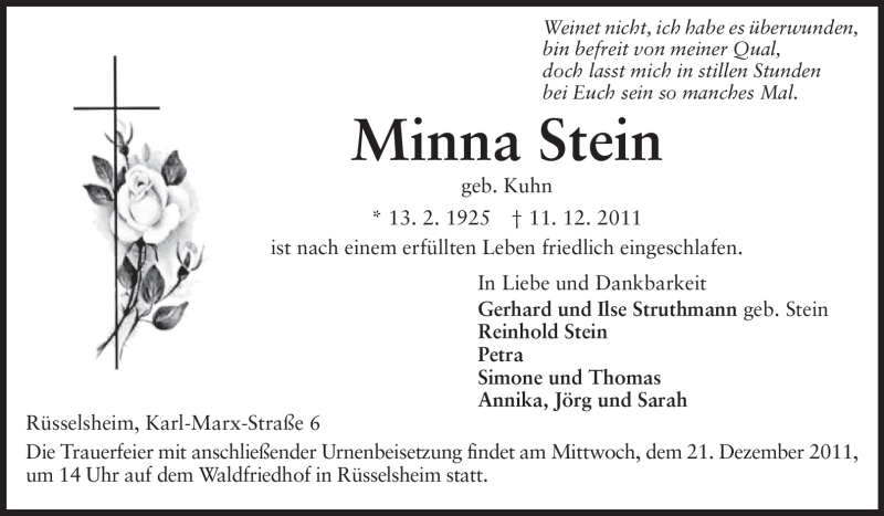  Traueranzeige für Minna Stein vom 17.12.2011 aus Rüsselsheimer Echo, Groß-Gerauer-Echo, Ried Echo