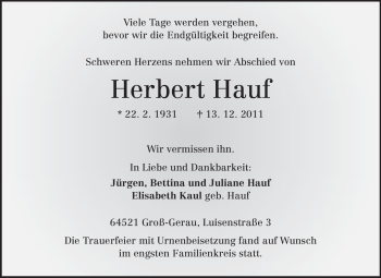 Traueranzeige von Herbert Hauf von Rüsselsheimer Echo, Groß-Gerauer-Echo, Ried Echo