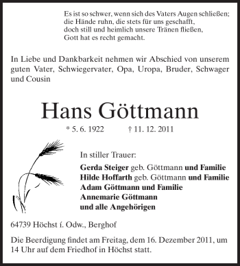 Traueranzeige von Hans Göttmann von Odenwälder Echo