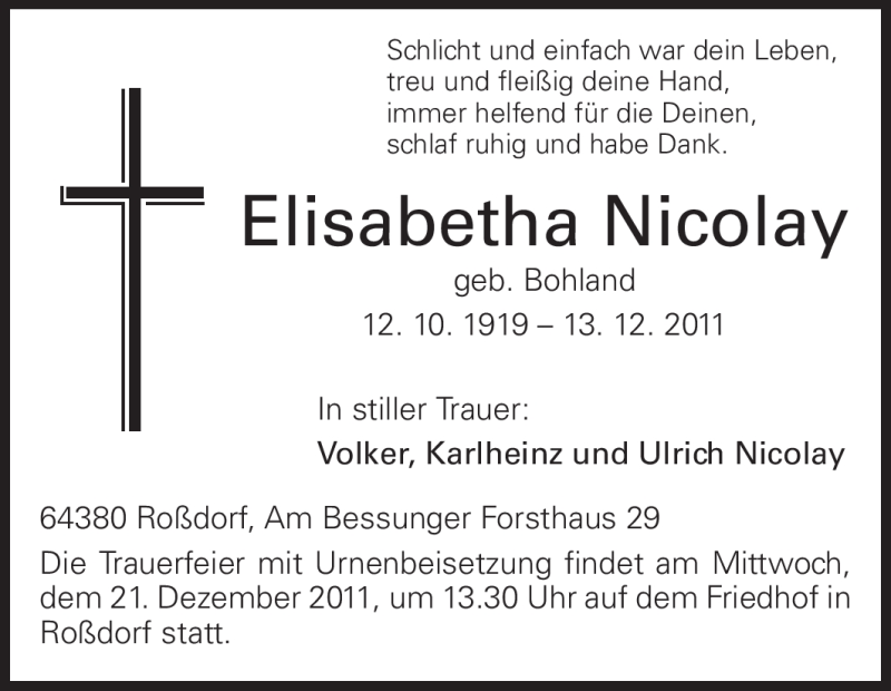  Traueranzeige für Elisabetha Nicolay vom 19.12.2011 aus Echo-Zeitungen (Gesamtausgabe)
