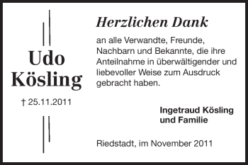 Traueranzeige von Udo Kösling von Rüsselsheimer Echo, Groß-Gerauer-Echo, Ried Echo