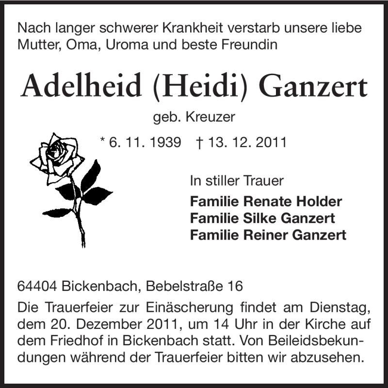  Traueranzeige für Adelheid Ganzert vom 17.12.2011 aus Echo-Zeitungen (Gesamtausgabe)