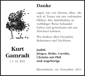 Traueranzeige von Kurt Gamrath von Rüsselsheimer Echo, Groß-Gerauer-Echo, Ried Echo