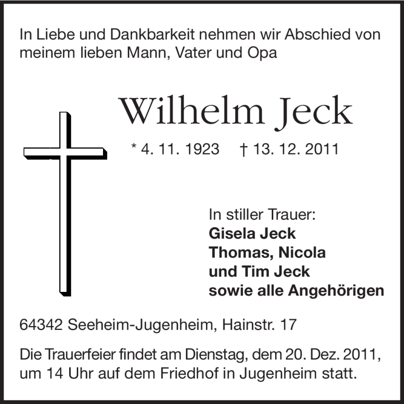  Traueranzeige für Wilhelm Jeck vom 17.12.2011 aus Echo-Zeitungen (Gesamtausgabe)