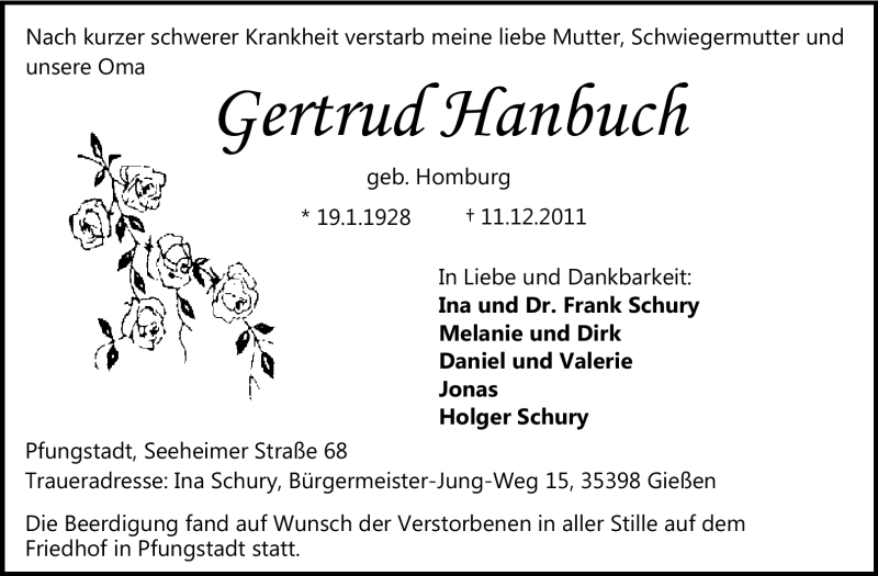  Traueranzeige für Gertrud Hanbuch vom 17.12.2011 aus Darmstädter Echo, Odenwälder Echo, Rüsselsheimer Echo, Groß-Gerauer-Echo, Ried Echo