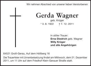 Traueranzeige von Gerda Wagner von Rüsselsheimer Echo, Groß-Gerauer-Echo, Ried Echo