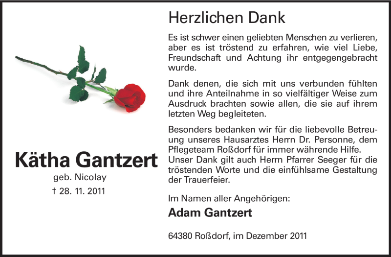  Traueranzeige für Kätha Gantzert vom 17.12.2011 aus Echo-Zeitungen (Gesamtausgabe)