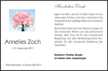 Traueranzeige von Annelies Zoch von Darmstädter Echo, Odenwälder Echo, Rüsselsheimer Echo, Groß-Gerauer-Echo, Ried Echo