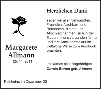 Traueranzeige von Margarete Allmann von Darmstädter Echo, Odenwälder Echo, Rüsselsheimer Echo, Groß-Gerauer-Echo, Ried Echo