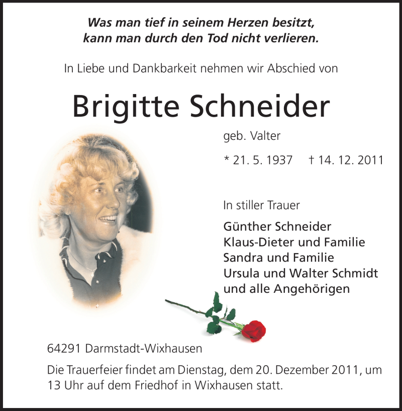  Traueranzeige für Brigitte Schneider vom 16.12.2011 aus Echo-Zeitungen (Gesamtausgabe)