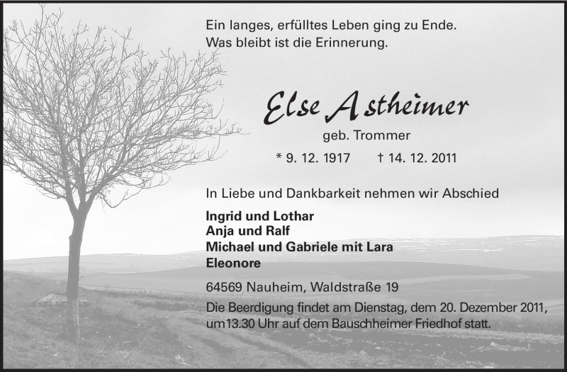  Traueranzeige für Else Astheimer vom 17.12.2011 aus Rüsselsheimer Echo, Groß-Gerauer-Echo, Ried Echo