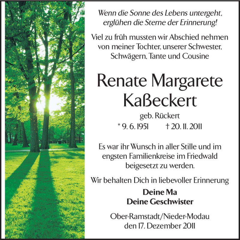  Traueranzeige für Renate Margarete Kaßeckert vom 17.12.2011 aus Darmstädter Echo, Odenwälder Echo, Rüsselsheimer Echo, Groß-Gerauer-Echo, Ried Echo