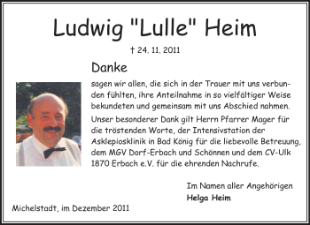 Traueranzeige von Ludwig Heim von Odenwälder Echo