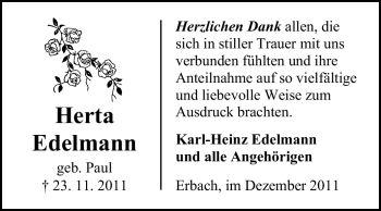Traueranzeige von Herta Edelmann von Odenwälder Echo
