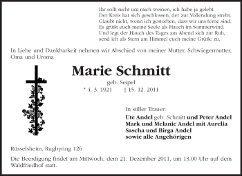 Traueranzeige von Marie Schmitt von Rüsselsheimer Echo, Groß-Gerauer-Echo, Ried Echo