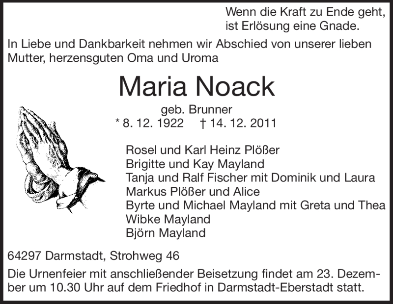  Traueranzeige für Maria Noack vom 17.12.2011 aus Darmstädter Echo, Odenwälder Echo, Rüsselsheimer Echo, Groß-Gerauer-Echo, Ried Echo