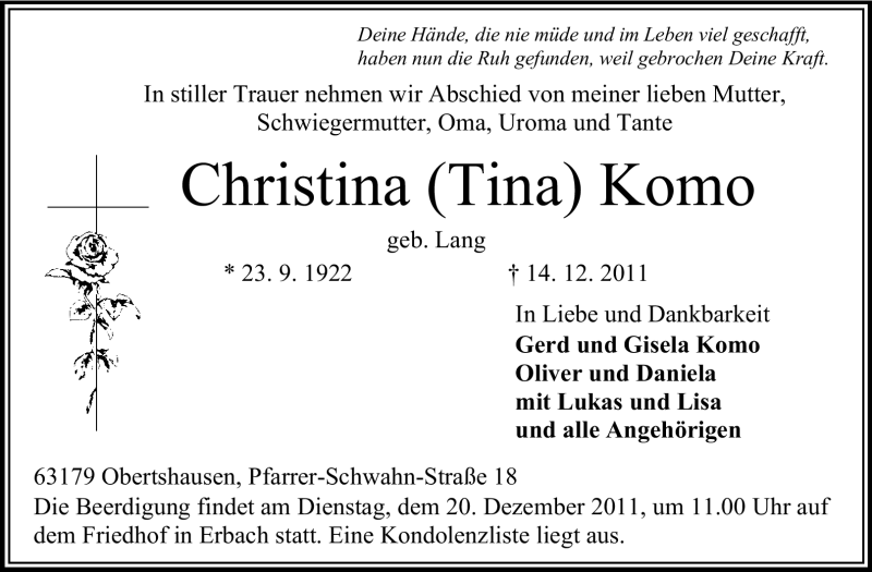  Traueranzeige für Christina Komo vom 17.12.2011 aus Odenwälder Echo