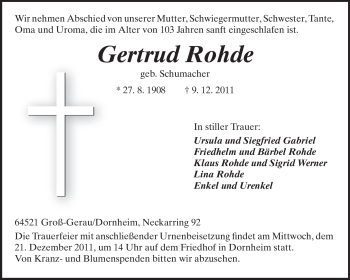 Traueranzeige von Gertrud Rohde von Rüsselsheimer Echo, Groß-Gerauer-Echo, Ried Echo