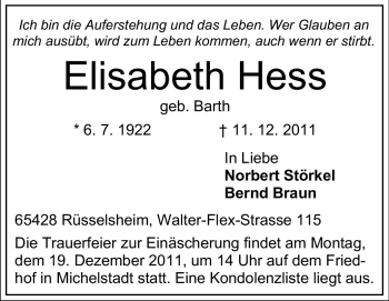 Traueranzeige von Elisabeth Hess von Odenwälder Echo