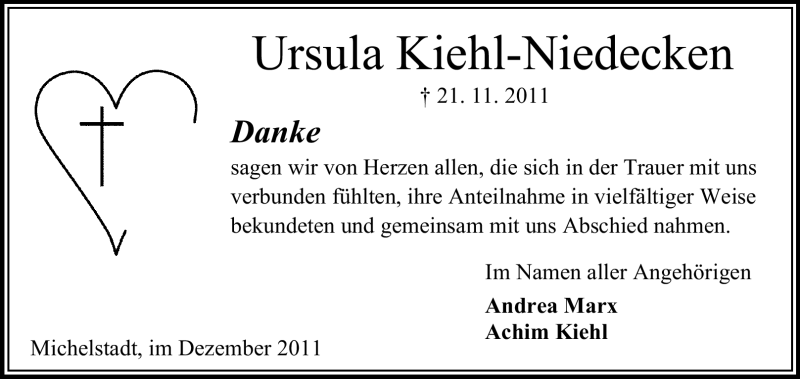  Traueranzeige für Ursula Kiehl-Niedecken vom 17.12.2011 aus Odenwälder Echo