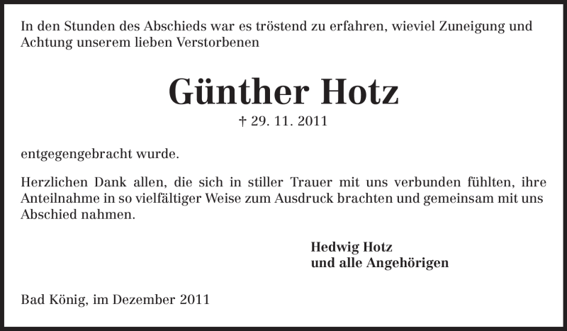  Traueranzeige für Günther Hotz vom 19.12.2011 aus Odenwälder Echo